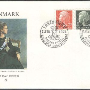 Danmark – FDC 1974-02-21 – Drottning Margrethe. Typ I, 4 kpl Vinjett 2