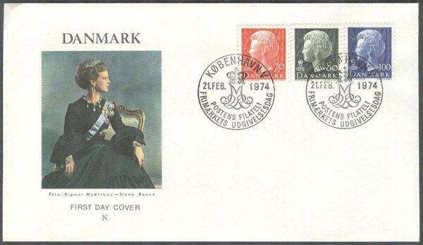 Danmark - FDC 1974-02-21 - Drottning Margrethe. Typ I, 4 kpl Vinjett 2