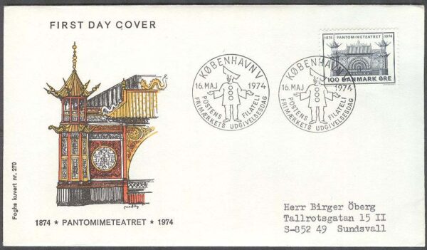 Danmark - FDC 1974-06-15 - Pantomimteatern 100 år, 1 kpl Vinjett 4 Adressat