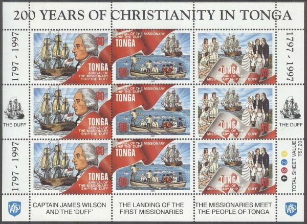 Tonga - M 1474-1476 Kung George Tupou I & Missionärer 200 år - Båtar, Miniark kpl**