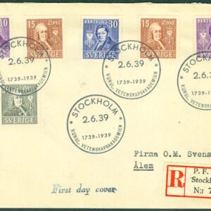 Sverige – FDC 1939-06-02 – Kung Vetenskapsakadem 200 år, REK+FDC stämp Adressat