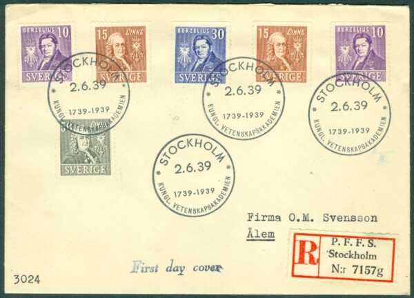 Sverige - FDC 1939-06-02 - Kung Vetenskapsakadem 200 år, REK+FDC stämp Adressat