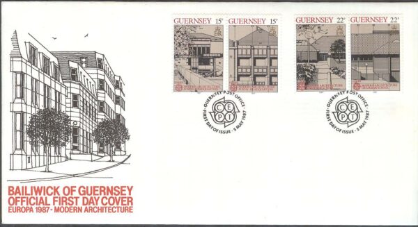 Guernsey - FDC 1987-05-05 - Europa CEPT 1987 Byggnader, 4 kpl