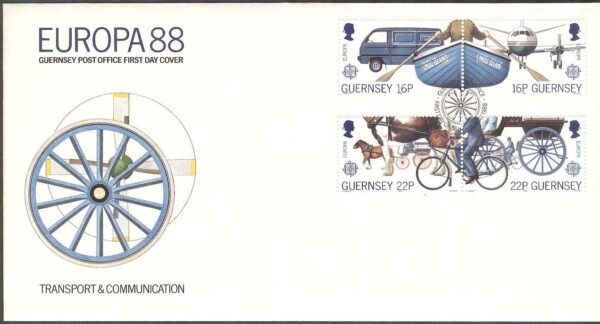 Guernsey - FDC 1988-03-28 - Europa CEPT 1988 Transport & Kommunikation, 2 par kpl