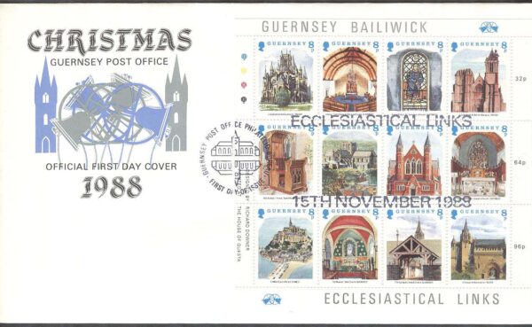 Guernsey - FDC 1988-11-15 - Kyrkliga förbindelser England & Frankrike, Miniark kpl