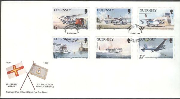 Guernsey - FDC 1989-05-05 - Flygplan - Flygminnen - Royal Air Force, 6 kpl