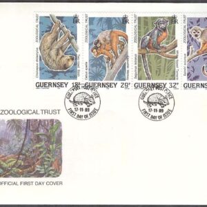 Guernsey – FDC 1989-11-17 – Djur i Tropisk regnskog – Naturskydd – Apor, 5-strip kpl