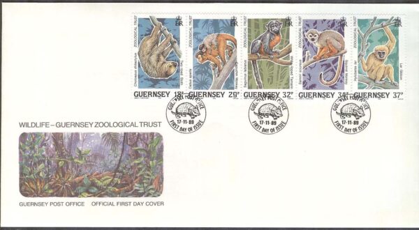 Guernsey - FDC 1989-11-17 - Djur i Tropisk regnskog - Naturskydd - Apor, 5-strip kpl