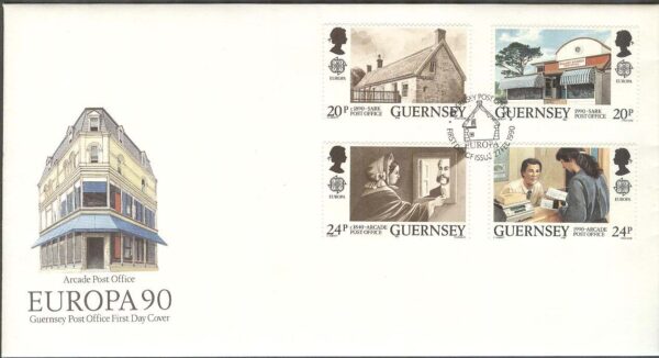 Guernsey - FDC 1990-02-27 - Europa CEPT 1990 Postbyggnader, 4 kpl