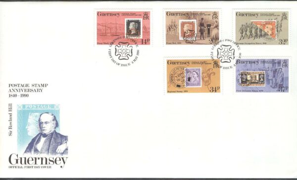 Guernsey - FDC 1990-05-03 - Frimärket 150 år - Frimärke på Frimärke, 5 kpl