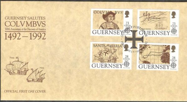 Guernsey - FDC 1992-02-06 - Europa CEPT 1992 - Fartyg, Christoffer Columbus, 4 kpl