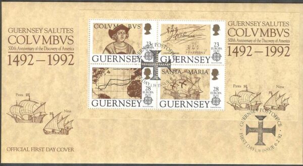 Guernsey - FDC 1992-02-06 - Europa CEPT 1992 - Fartyg, Christoffer Columbus, Block