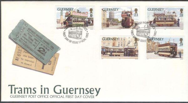 Guernsey - FDC 1992-11-17 - Järnväg - Spårvagnar, 5 kpl