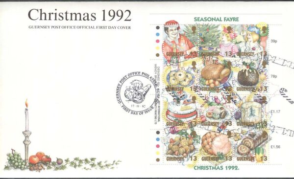Guernsey - FDC 1992-11-17 - Jul 1992 - Festlig julmat, Miniark kpl