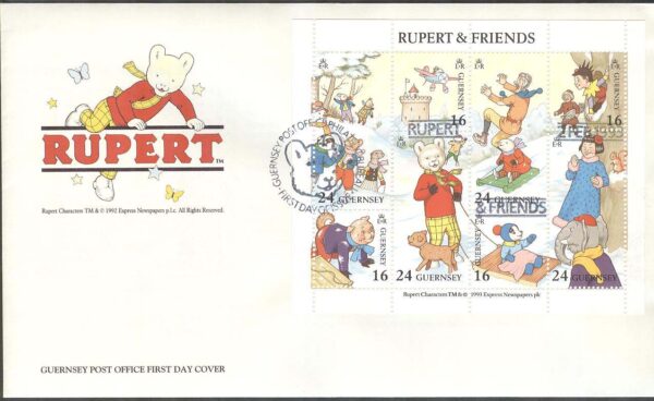 Guernsey - FDC 1993-02-02 - Tecknat - Rupert Bear, Miniark kpl