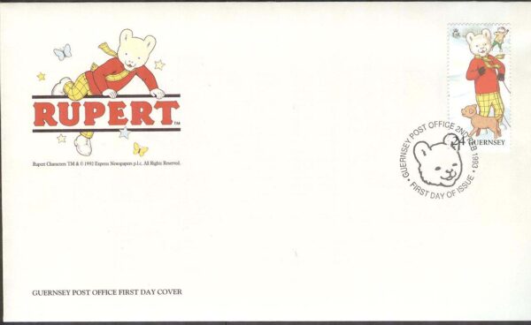 Guernsey - FDC 1993-02-02 - Tecknat - Rupert Bear, märke