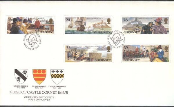 Guernsey - FDC 1993-05-07 - Belägring av Slottet Cornet 350 år - Fartyg, 5 kpl