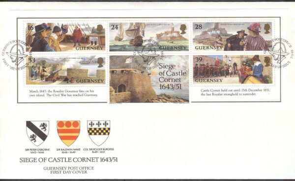 Guernsey - FDC 1993-05-07 - Belägring av Slottet Cornet 350 år - Fartyg, Block