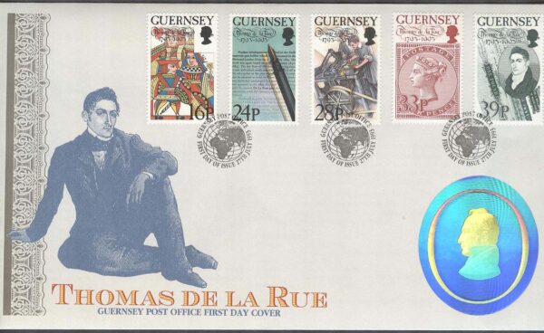 Guernsey - FDC 1993-07-27 - Thomas De La Rue 200 år - Tryckare, 5 kpl