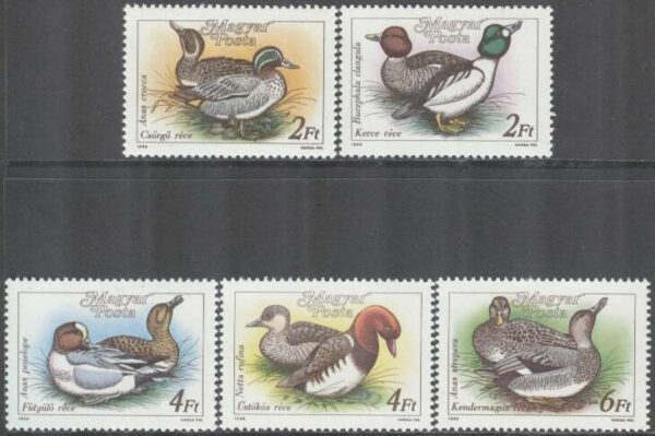 Ungern - M 3972-3976 A Fåglar - Änder bla Snatterand, 5 kpl **
