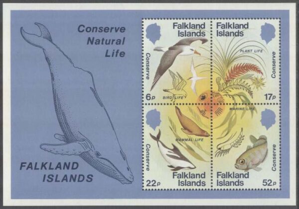 Falkland Islands - M BL   4 Fåglar - Havsdjur - Växter - Naturskydd, Block **