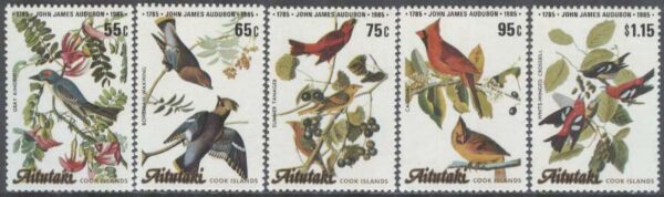 Aitutaki - M  554-558 Fåglar bla Sidensvans - JJ Audubon 200 år, 5 kpl **
