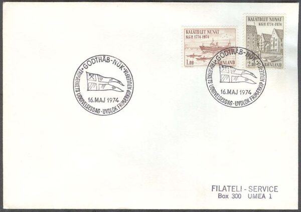 Grönland - FDC 1974-05-16 - Kungl. Grönländska handeln, KGH 200 år, 2 kpl Adressat