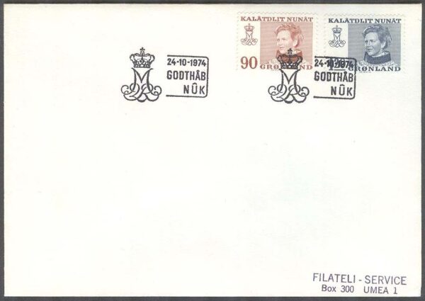 Grönland - FDC 1974-10-24 - Drottning Margrethe. Typ I, 2 kpl Adressat