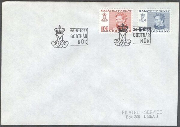 Grönland - FDC 1977-05-26 - Drottning Margrethe. Typ I, 2 kpl Adressat