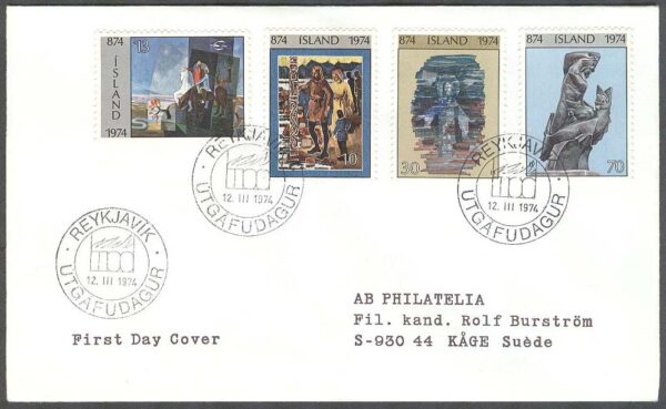 Island - FDC 1974-03-12 - 1100-årsjubileet - Konst, 4 kpl Adressat