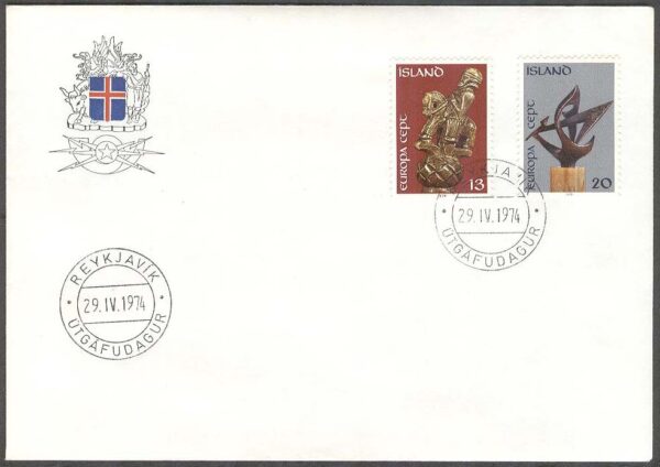 Island - FDC 1974-04-29 - Europa CEPT 1974 - Skulpturkonst, 2 kpl Vinjett 1
