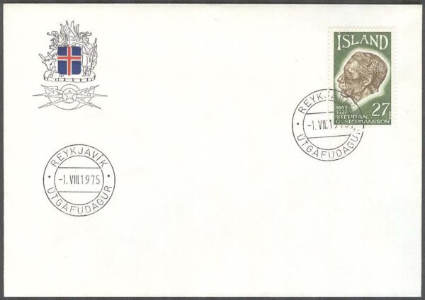 Island - FDC 1975-08-01 - Stephan G Stephansson - Utvandring, 1 kpl Vinjett 1