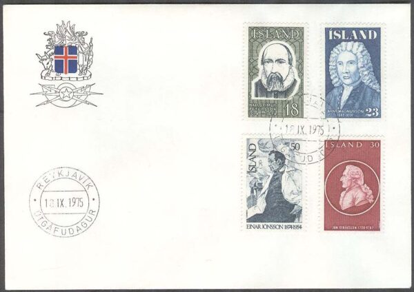 Island - FDC 1975-09-18 - Kända Islänningar I bla E Jónsson, 4 kpl Vinjett 1