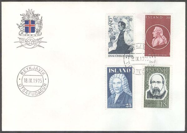 Island - FDC 1975-09-18 - Kända Islänningar I bla E Jónsson, 4 kpl Vinjett 1