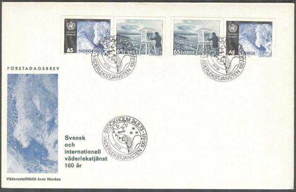 Sverige - FDC 1973-05-24 - Väderlekstjänsten 100 år, Båda SX-paren kpl Vinjett 2