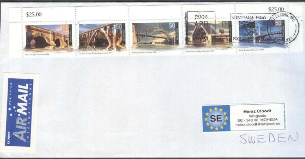 Australien - Brev 2004-04-13 - Minnesmärken - Broar, 5-strip kpl