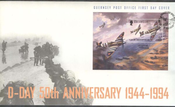Guernsey - FDC 1994-06-06 - Landstigning i Normandie 50 år - Fartyg - Flyg, Block
