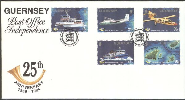 Guernsey - FDC 1994-10-01 - Flyg - Båtar - Postleveranser 25 år, 5 kpl