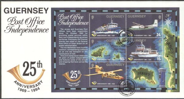 Guernsey - FDC 1994-10-01 - Flyg - Båtar - Postleveranser 25 år, Block