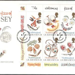 Guernsey – FDC 1995-02-28 – Hälsningsfrimärken bla Fjärilar – Grönsaker, Miniark kpl