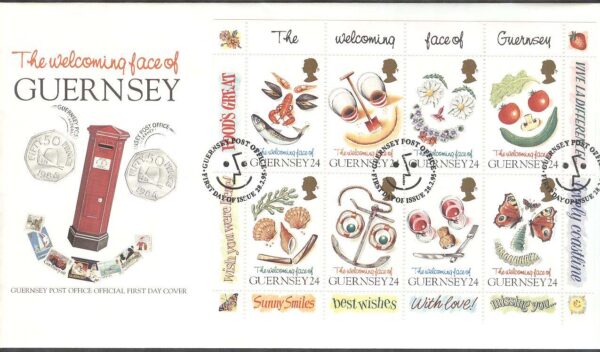 Guernsey - FDC 1995-02-28 - Hälsningsfrimärken bla Fjärilar - Grönsaker, Miniark kpl