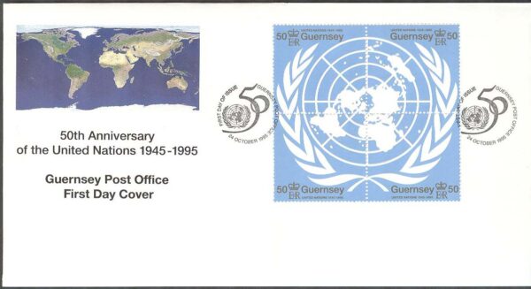 Guernsey - FDC 1995-10-24 - FN 50 år - Karta, 4-Block kpl