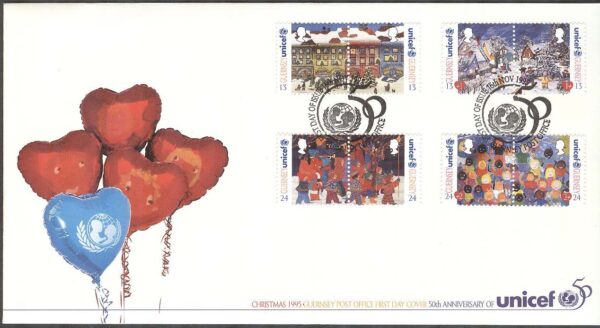Guernsey - FDC 1995-11-16 - Jul 1994 - FN UNICEF 50 år - Barn, 4 st par kpl