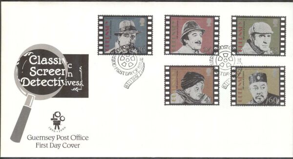 Guernsey - FDC 1996-11-06 - Bio på Guernsey 100 år bla Peter Sellers, 5 kpl