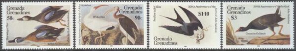 Grenada Grenadines - M  647-650 Fåglar bla Rörhöna - JJ Audubon 200 år, 4 kpl **