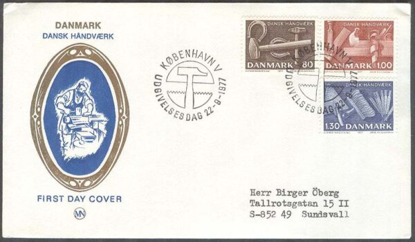 Danmark - FDC 1977-09-22 - Danskt hantverk bla Hästskor, 3 kpl Vinjett 1 Adressat