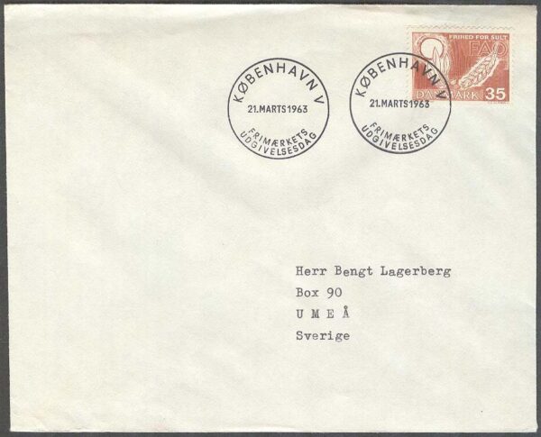 Danmark - FDC 1963-03-21 - Världskampanjen mot Hungern 1963, 1 kpl Adressat