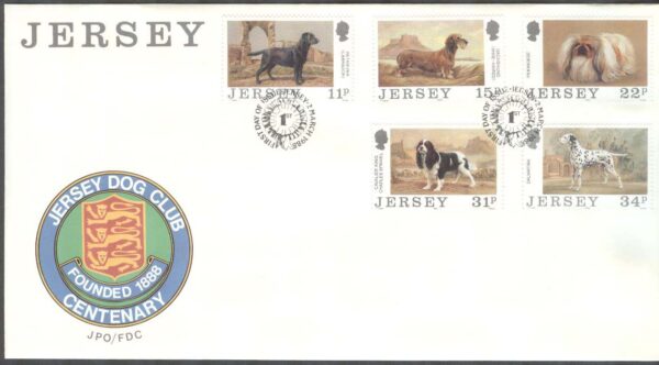 Jersey - FDC 1988-03-02 - Hundar - Huduppfödningsförbundet 100 år, 5 kpl