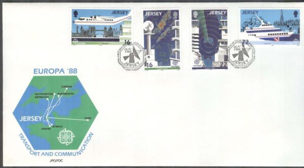 Jersey - FDC 1988-04-26 - Europa CEPT 1988 Transport & Kommunikation, 4 kpl
