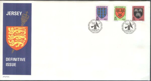 Jersey - FDC 1988-04-26 - Familjevapen bla De Bagot, 3 kpl
